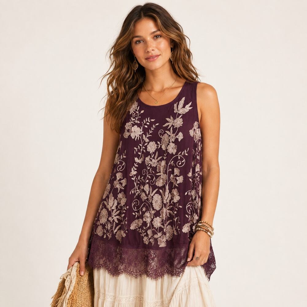 LOGO Lavish Embroidered Tank Top Women's Size M Burgundy Floral Fairy Romantic